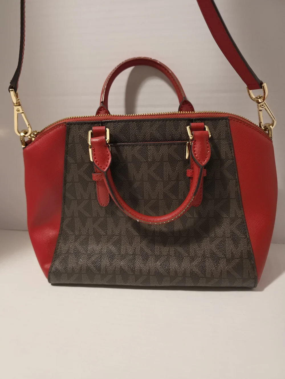 Michael Kors Ciara Top Zip Satchel Flame Red Monogram Messenger Bag